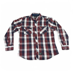Marc Ecko Shirt Adult EXTRA LARGE Burgundy Blue Cut & Sew Plaid Pockets